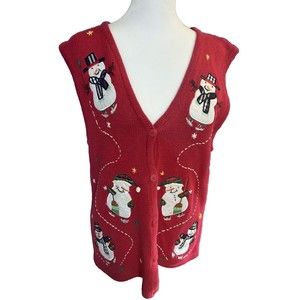 Vtg Bobbie Brooks Red Christmas Sweater Vest Snowman UGLY Embroidered Med*